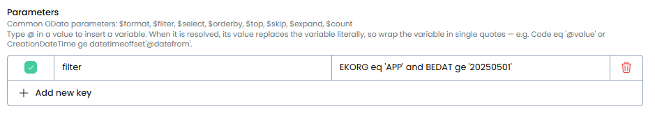 Parameters table with a filter