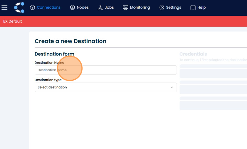 Destination connection settings screen.