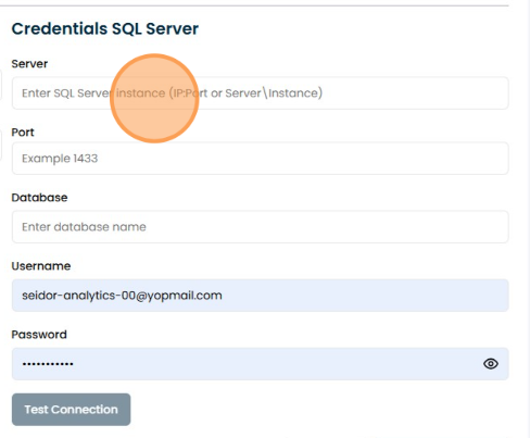 SQL Server connection settings screen.