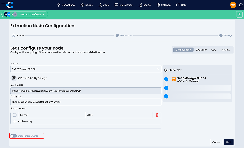 Selection of the OData source