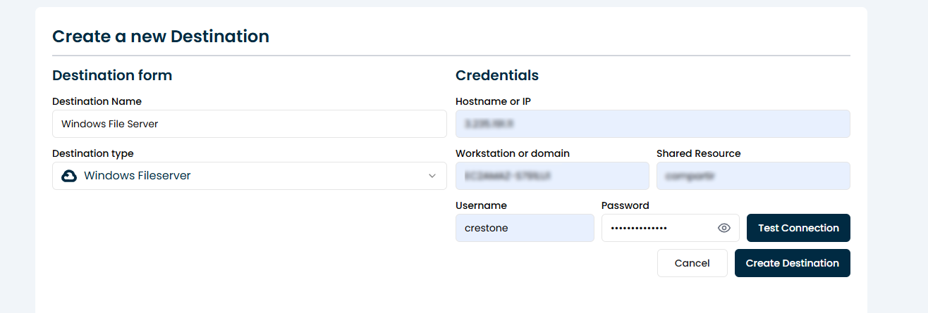 Windows file server connection form with fields for hostname, domain, shared resource, username and password