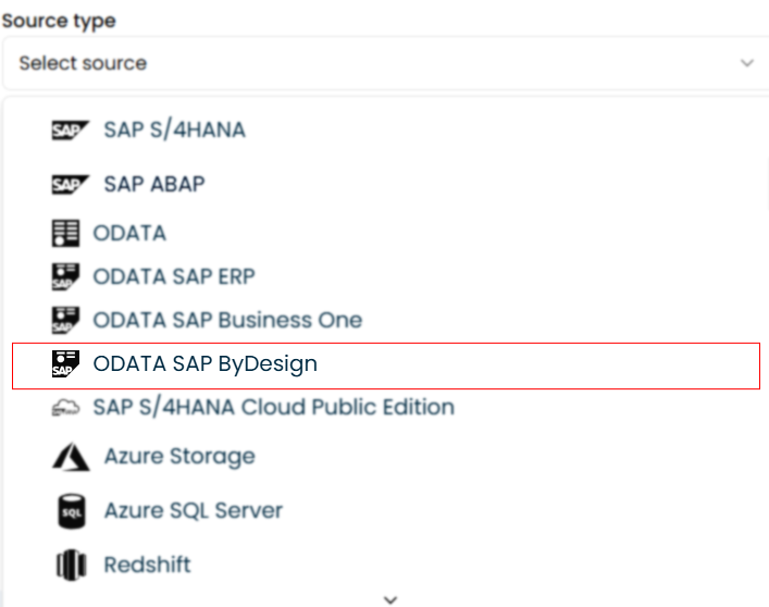 Illustration showing the selection of OData source type in SAP integration setup.