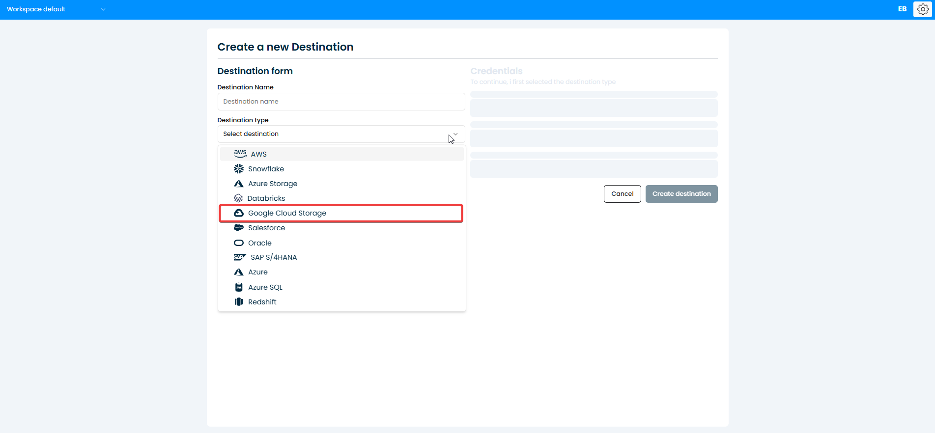 Select the destination type