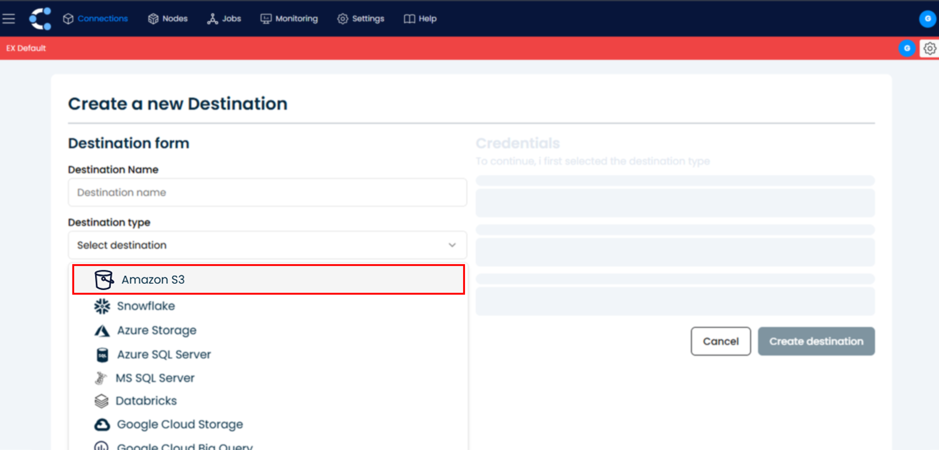 Select the destination type