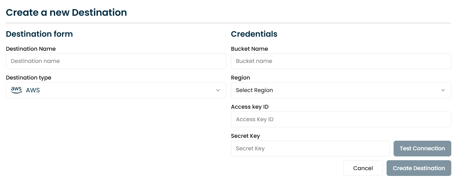 Destination connection settings screen.