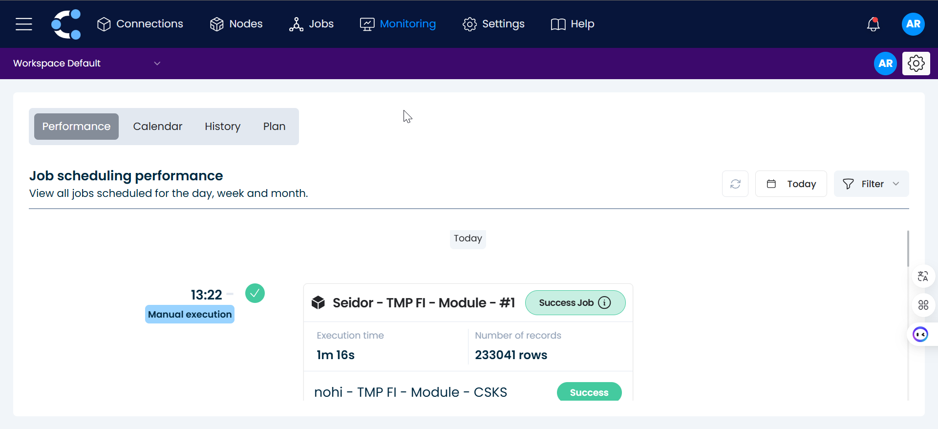 Performance dashboard showing job execution metrics and statistics