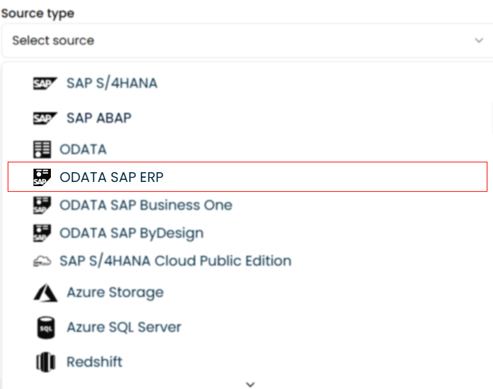 Illustration showing the selection of OData source type in SAP integration setup.