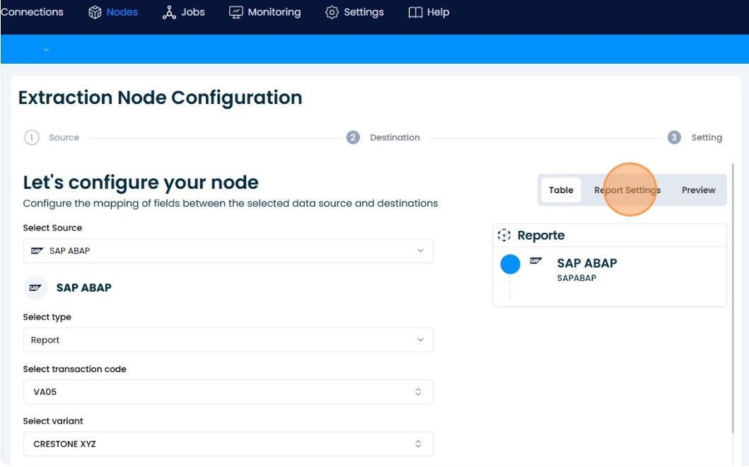 Report Settings navigation for column detection