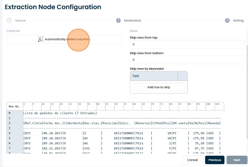 Automatic column detection button
