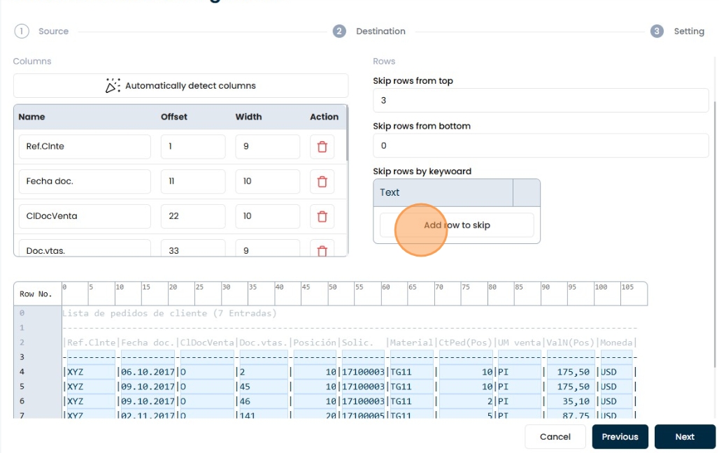 Pattern configuration for keyword-based row skipping