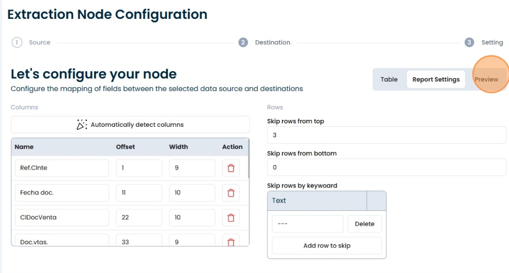 Preview screen showing extraction results for verification