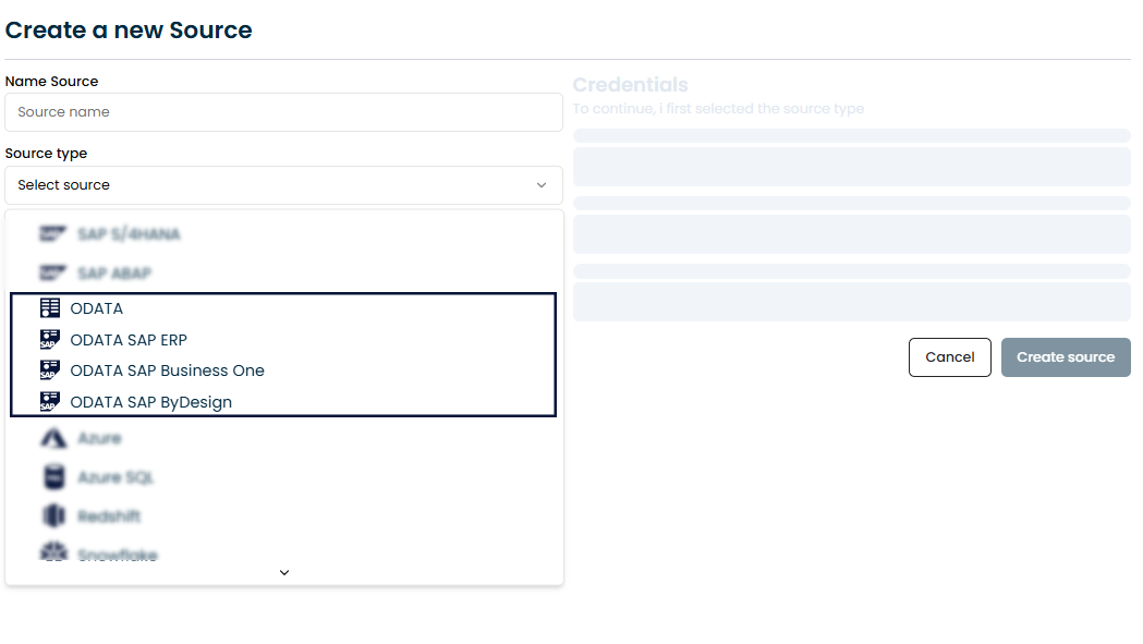 Illustration showing the selection of OData source type in SAP integration setup.