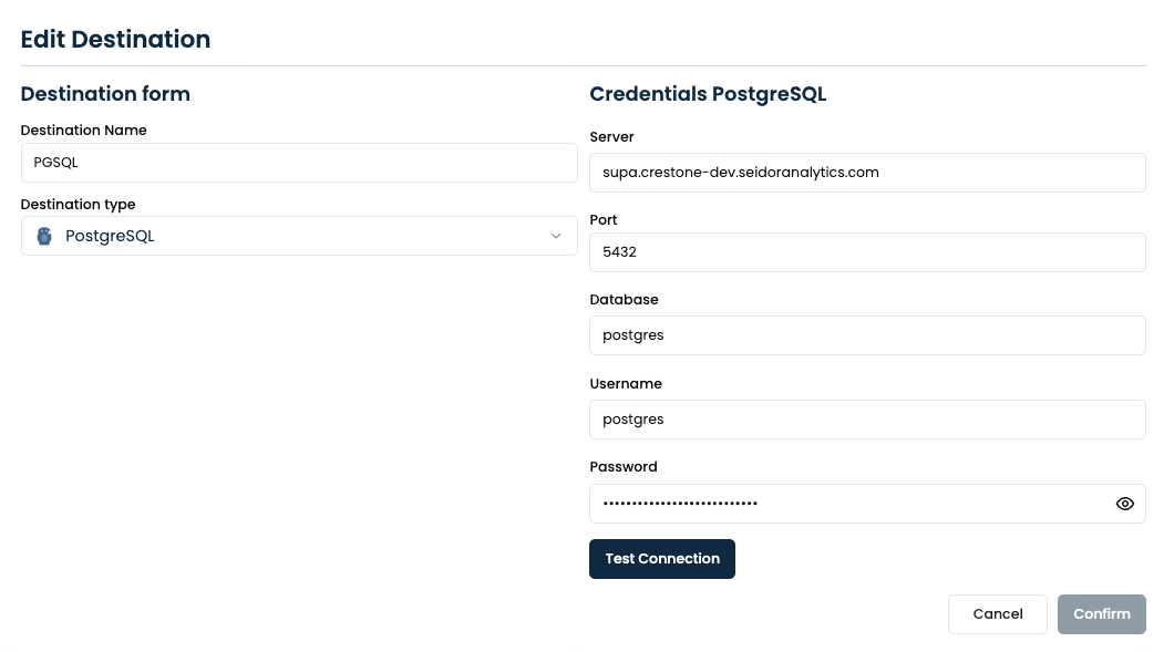 Edit Destination form for PostgreSQL