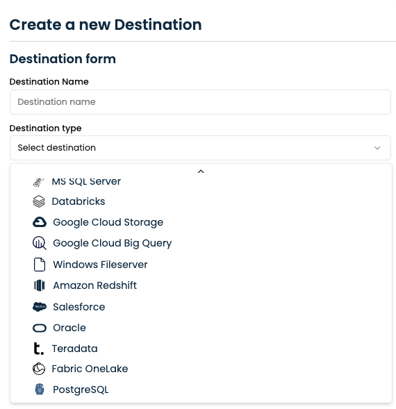 Select PostgreSQL from the destination type dropdown