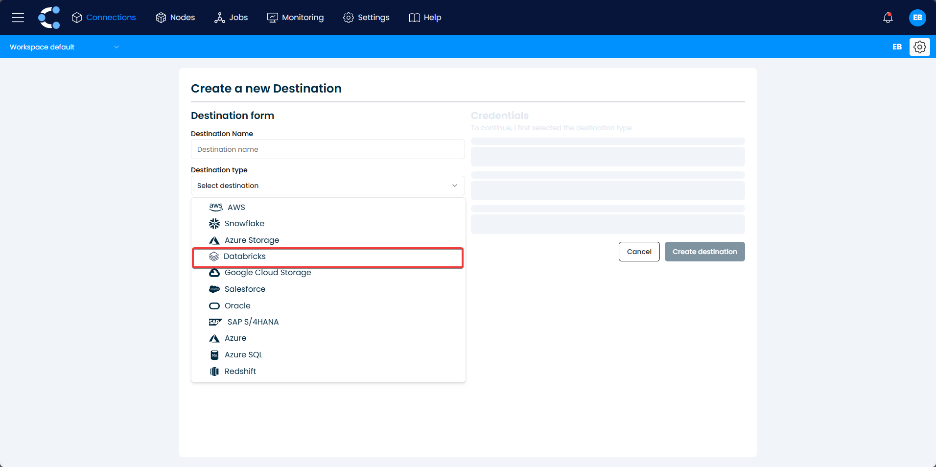 Select the destination type