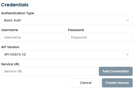 Screenshot of SAP OData Basic Authentication input fields including username and password.