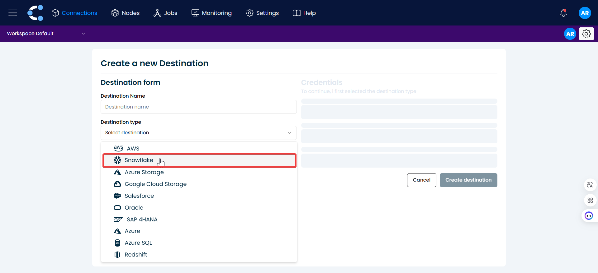 Select the destination type